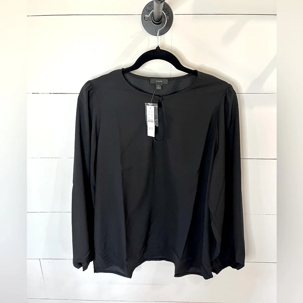 J. Crew Puff Sleeve Satin-Back Crepe‎ Blouse Keyhole Neck Black Large TALL NWT